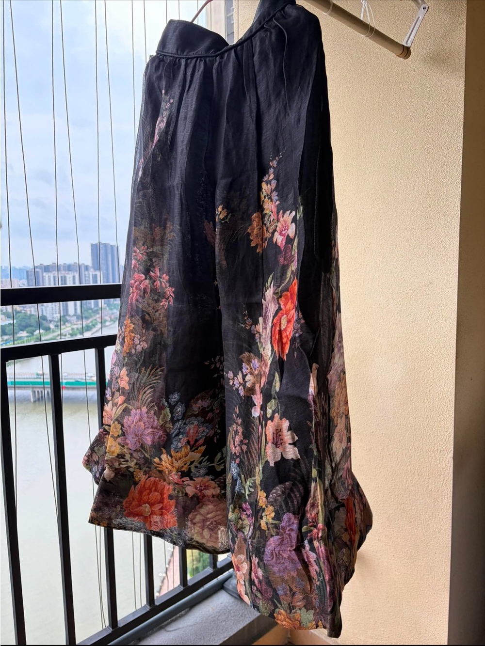 Black Floral A-Line Midi Skirt with Multicolor Bouquet - Picture 4 of 5